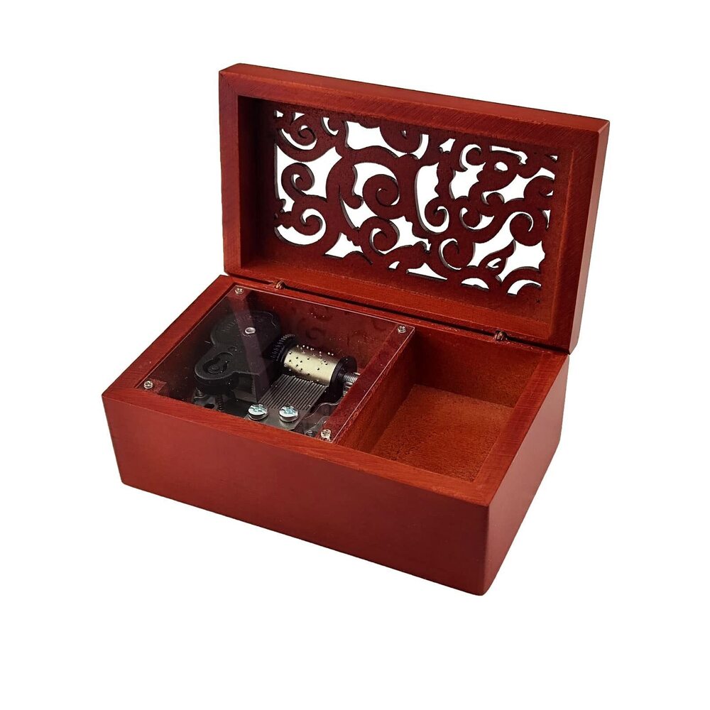 7360 Music Box, 18 Note Antique Engraved Hand Crank Wooden Musical Box